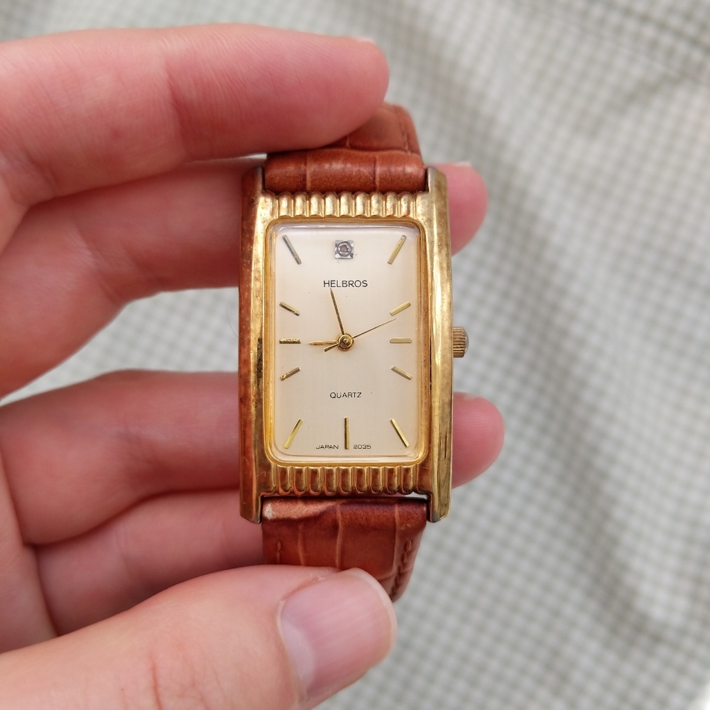 Helbros Gold Rectangular Watch with Brown Leather Strap